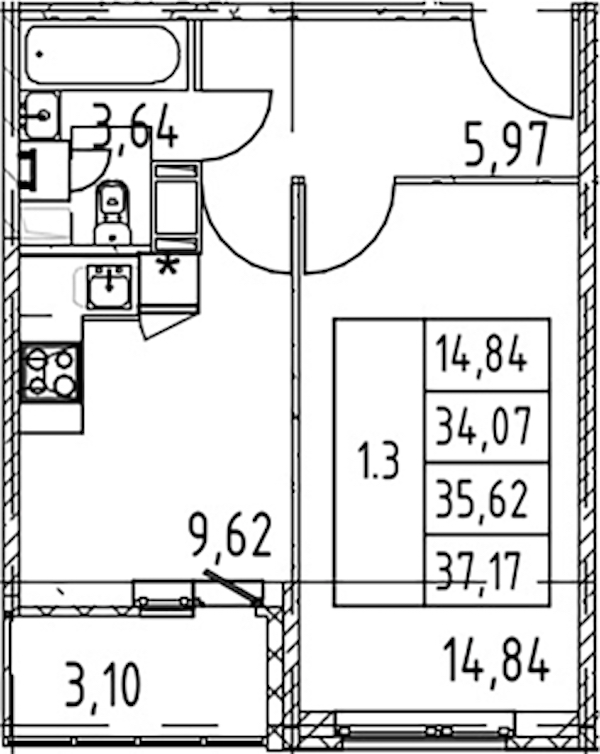 1-комнатная квартира 34.07 м², 2/12 эт., ЖК «Полис ЛАВрики»